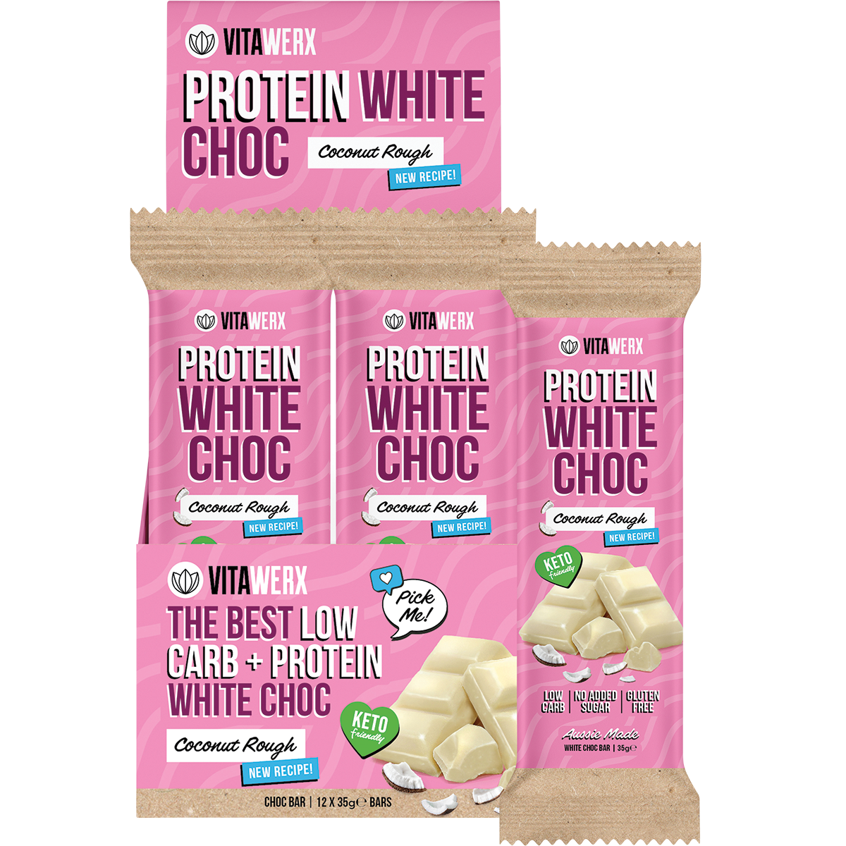 Vitawerx Protein White Choc Bar Coconut Rough 12-pack box and single bar with coconut and chocolate imagery.