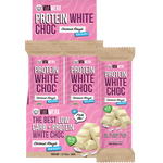 Vitawerx Protein White Choc Bar Coconut Rough 12-pack box and single bar with coconut and chocolate imagery.