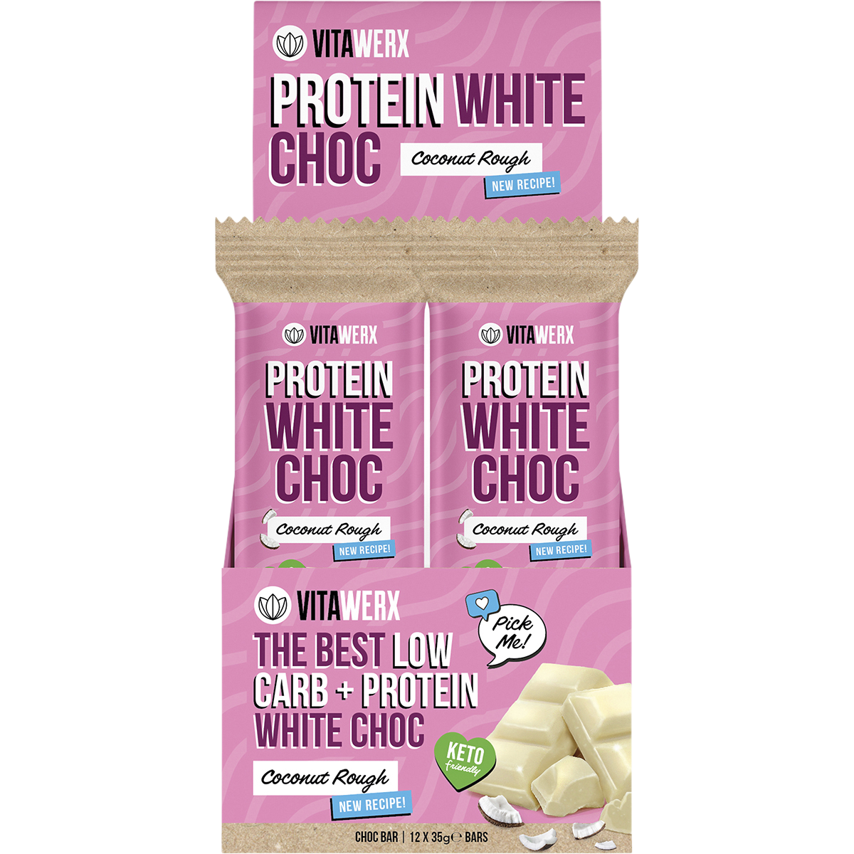 Vitawerx Coconut Rough White Choc Bar 12-pack display box with blue and white branding.