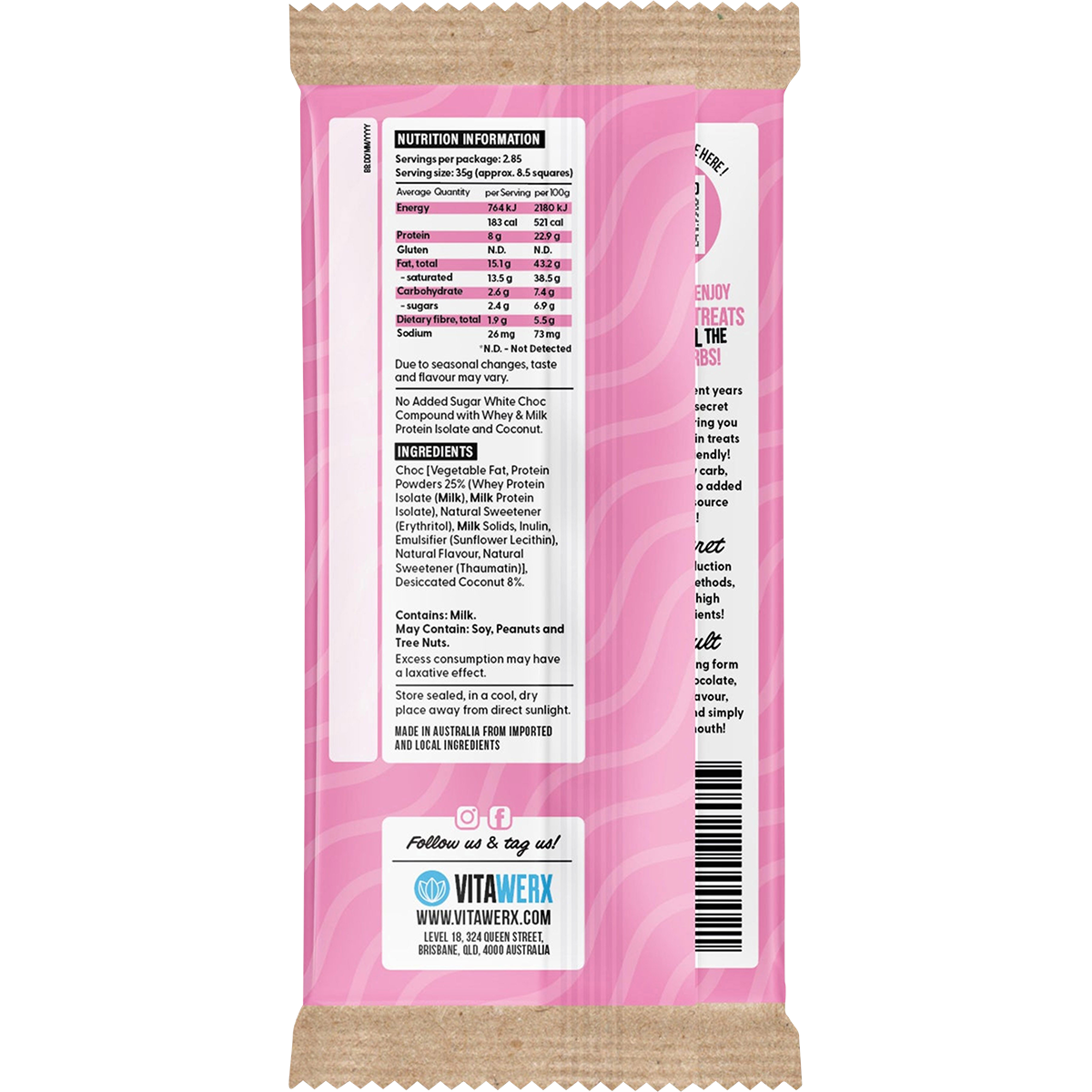 Back of Vitawerx White Chocolate Coconut Rough bar with nutrition facts, ingredients, and allergen info.