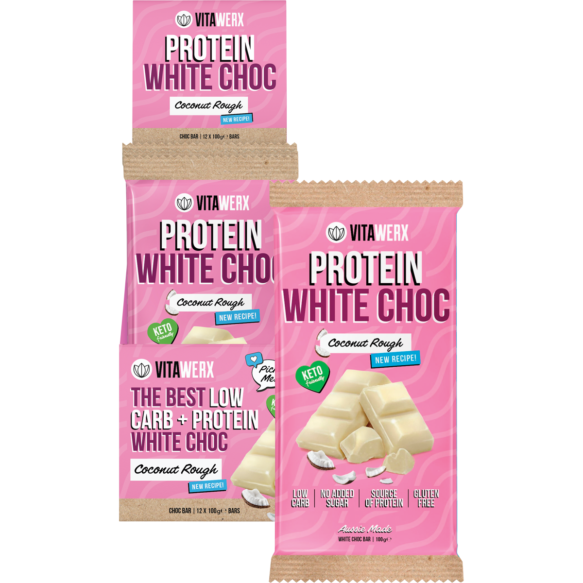 Box of 12 Vitawerx Protein White Chocolate Coconut Rough bars with a single 100g bar displayed in front.
