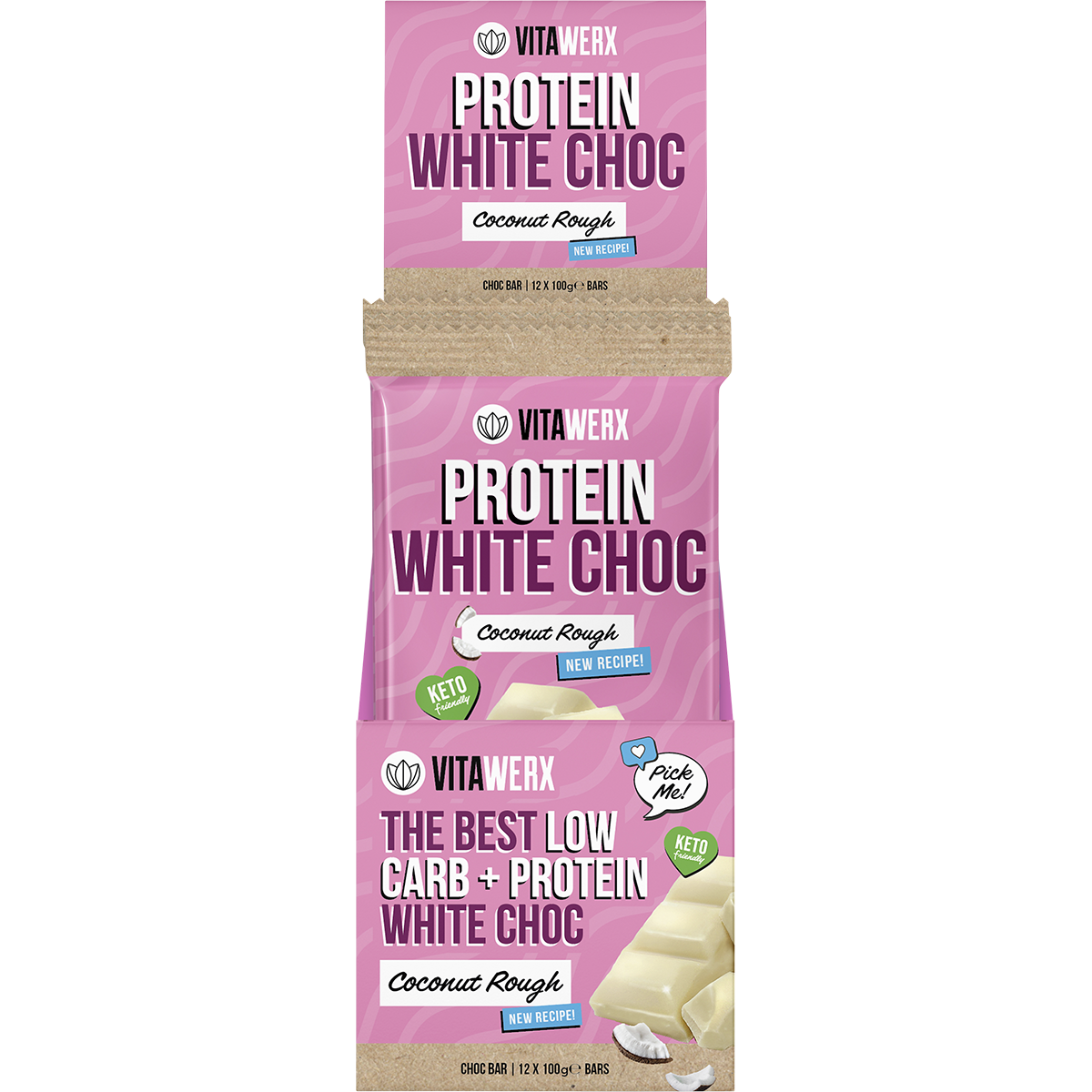 A retail display box of Vitawerx Protein White Chocolate Coconut Rough bars on a white background.