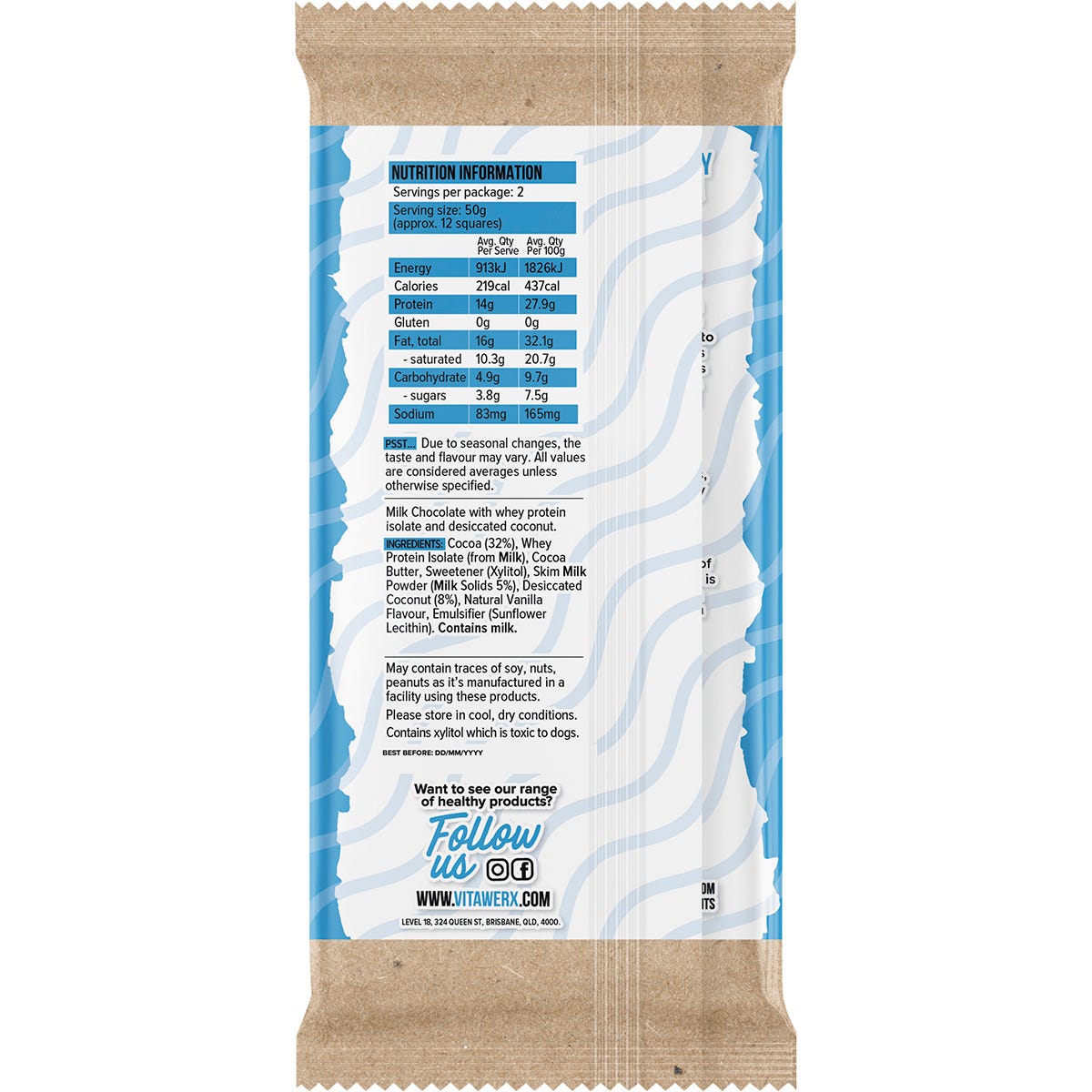 Vitawerx Protein Milk Chocolate Bar Coconut Rough 100g (Pack of 12)