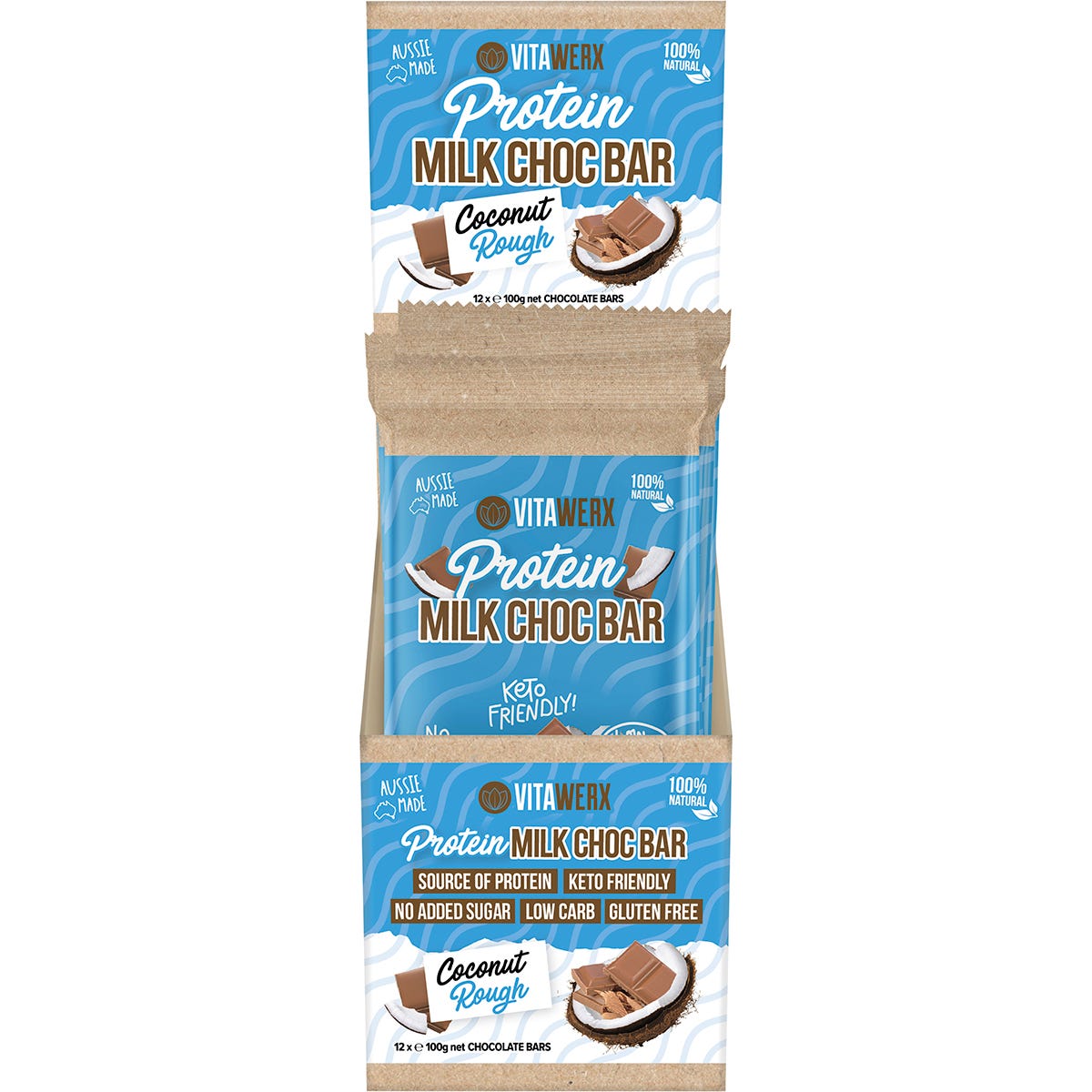 Vitawerx Protein Milk Chocolate Bar Coconut Rough 100g (Pack of 12)