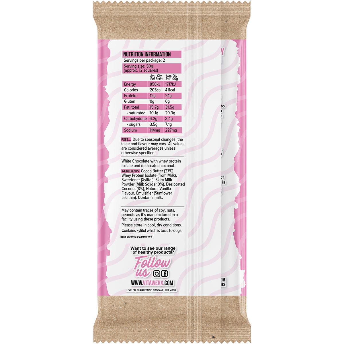 Vitawerx Protein White Chocolate Bar Coconut Rough 100g (Pack of 12)