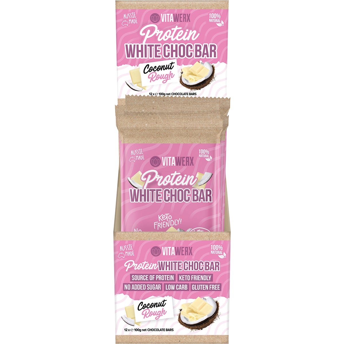 Vitawerx Protein White Chocolate Bar Coconut Rough 100g (Pack of 12)