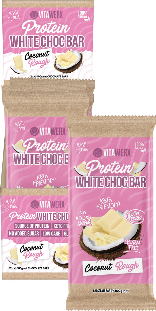 Vitawerx Protein White Chocolate Bar Coconut Rough 100g (Pack of 12)