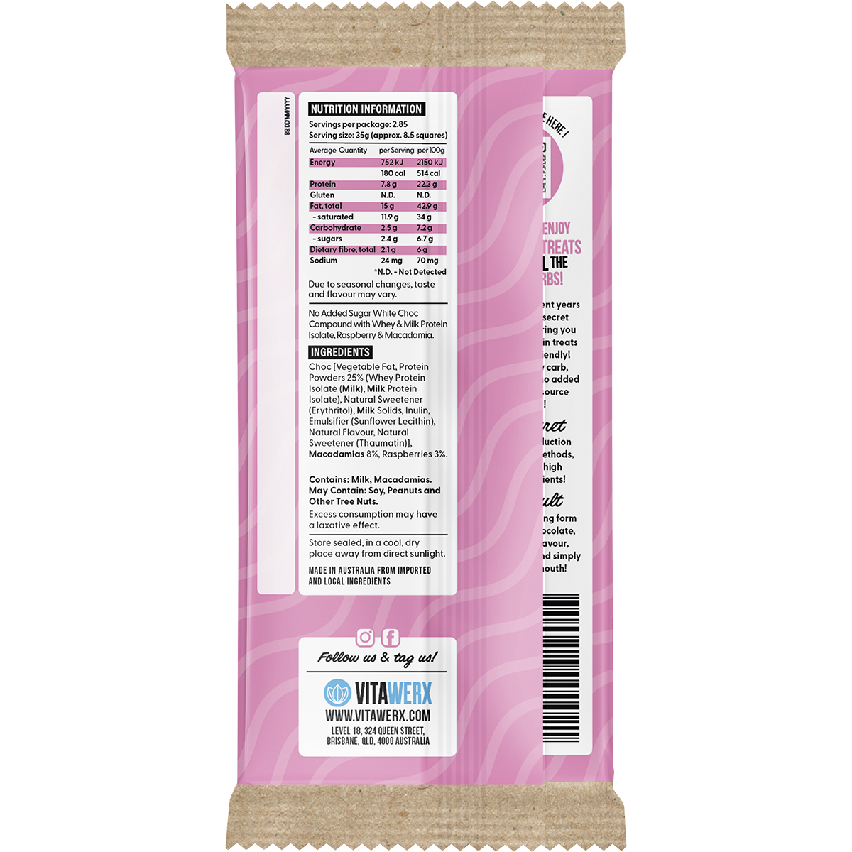 Vitawerx Protein White Choc Bar Raspberry & Macadamia 12x100g