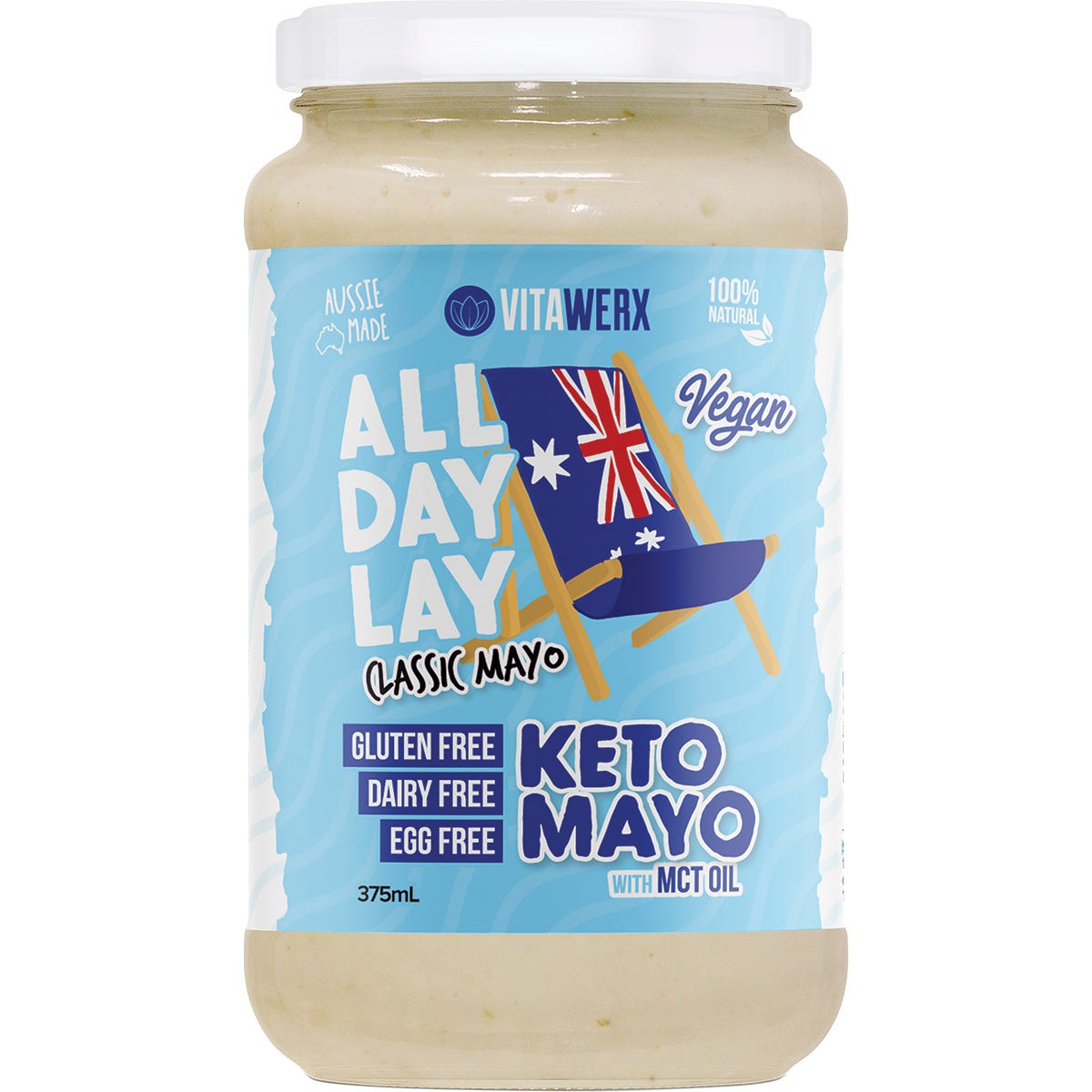 375ml jar of Vitawerx Keto Mayo All Day Lay Classic on a white background with gold and black label details.