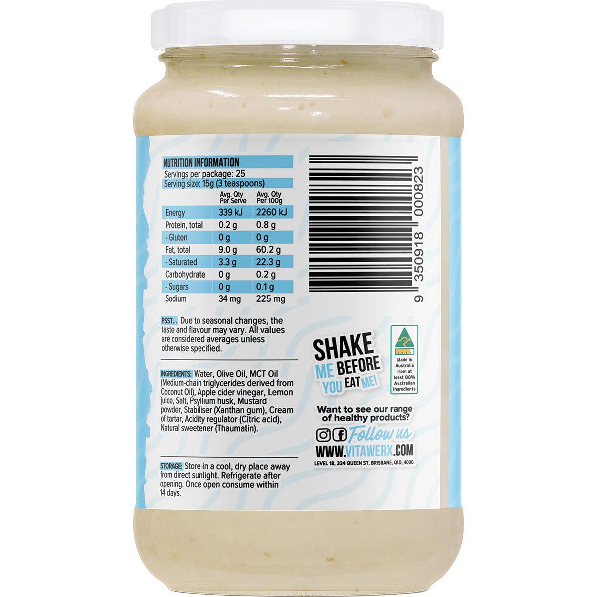 Back of Vitawerx Keto Mayo 375ml jar with nutrition facts, ingredients, and storage instructions.