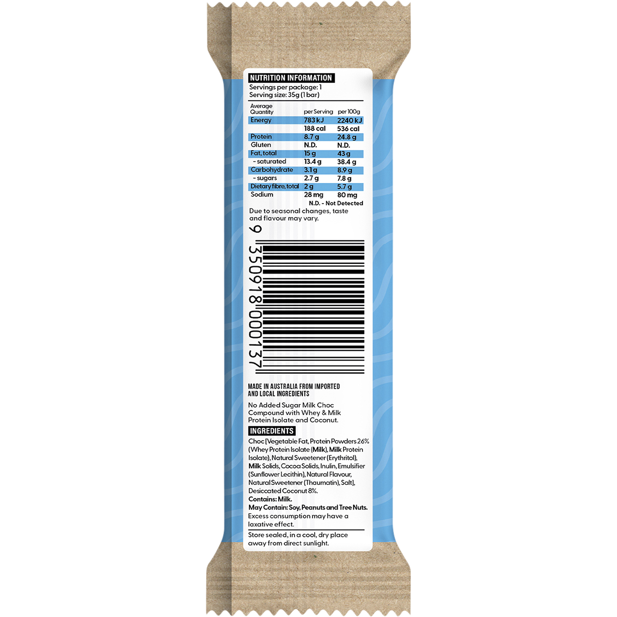 Back of Vitawerx Coconut Rough bar packaging showing nutrition facts, ingredients, and gluten-free logo.