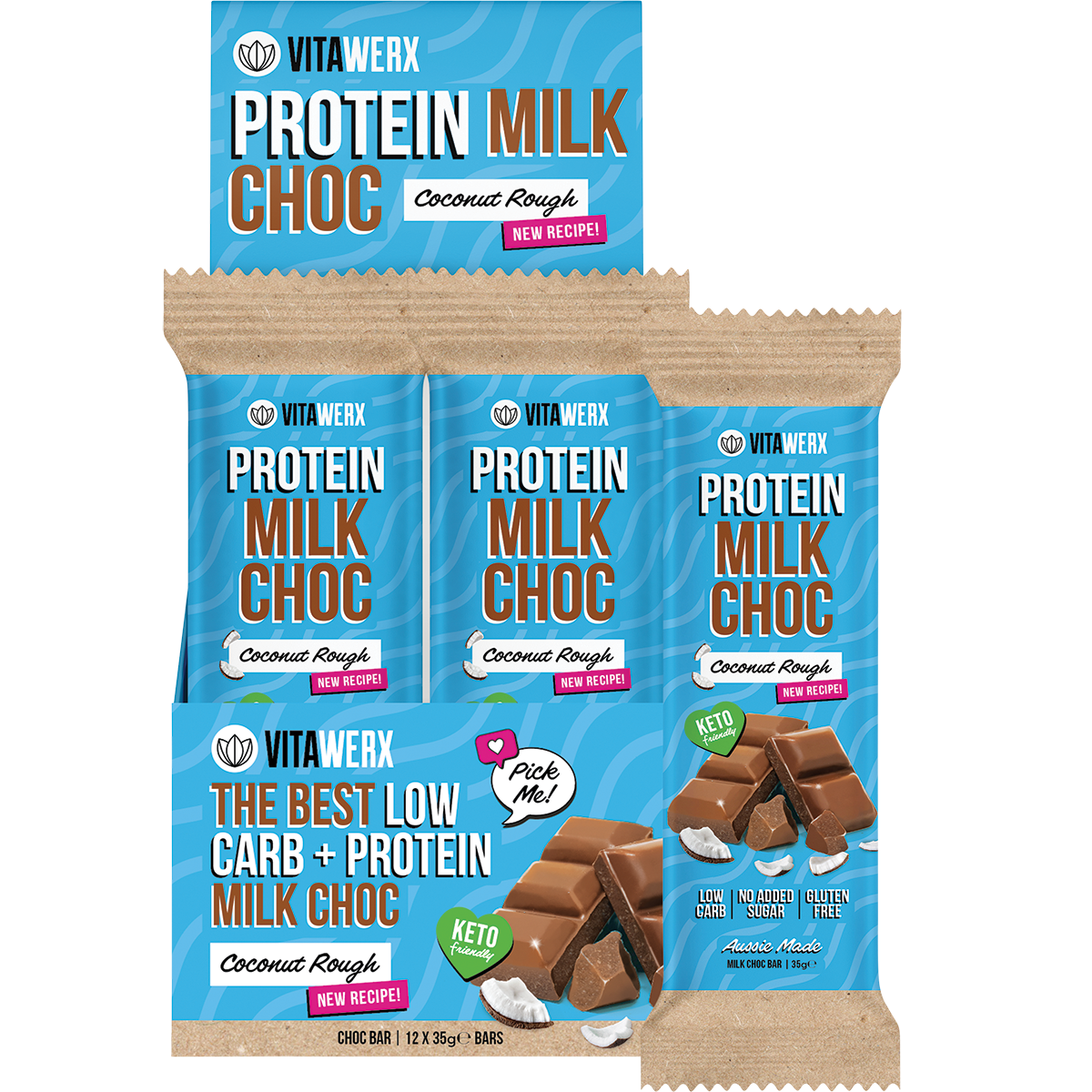 Vitawerx Protein Milk Choc Bar Coconut Rough 12x35g box with a single bar and coconut pieces.