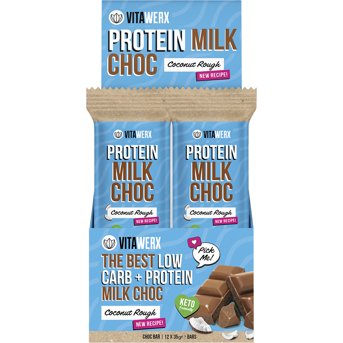 Retail display box of Vitawerx Coconut Rough protein bars, showing branding and "High Protein" benefits.