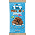 A 100g Vitawerx Protein Milk Chocolate Coconut Rough bar with scattered chocolate pieces and coconut.