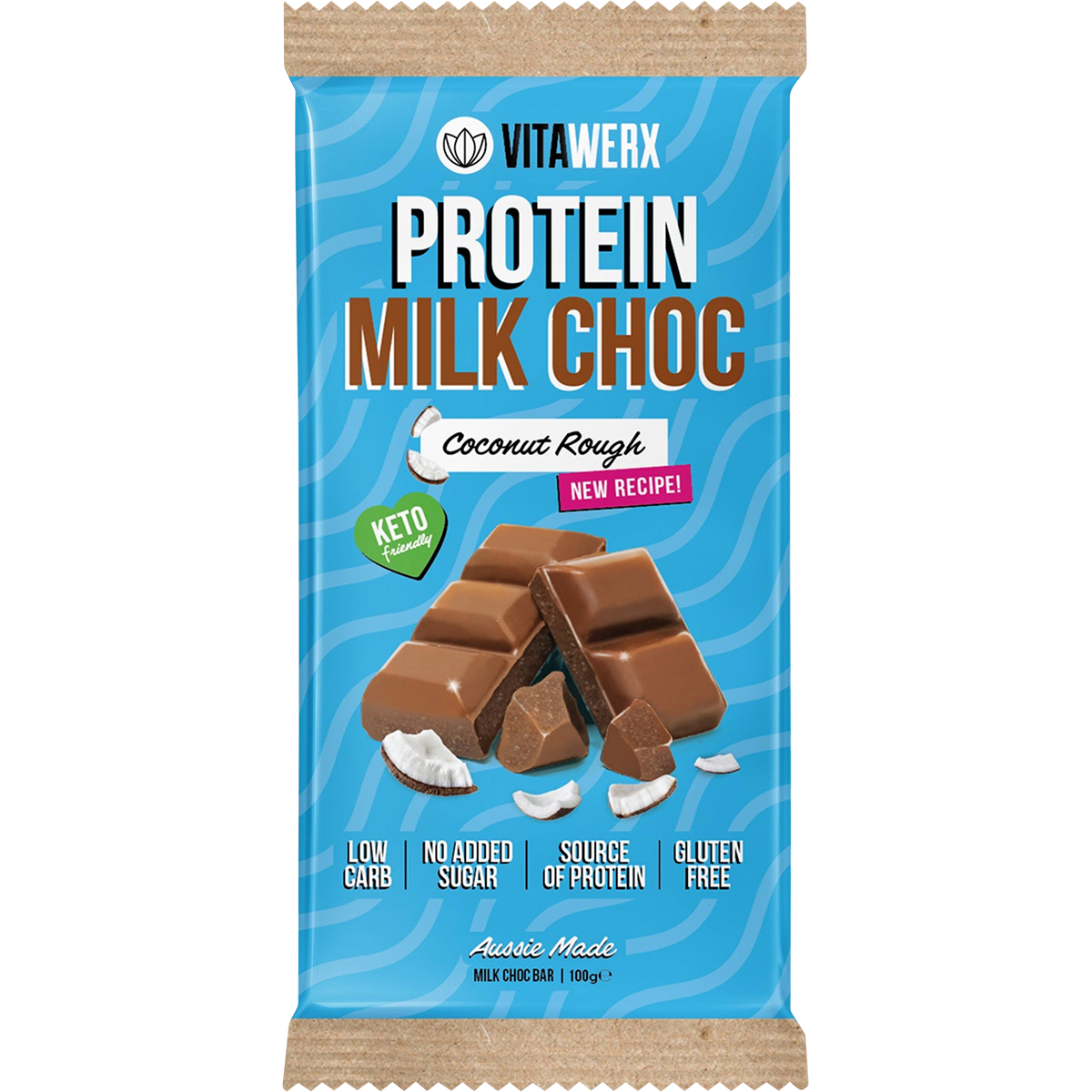 A 100g Vitawerx Protein Milk Chocolate Coconut Rough bar with scattered chocolate pieces and coconut.