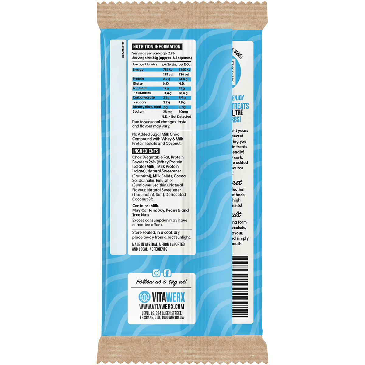 Back of Vitawerx Protein Milk Choc Coconut Rough 100g bar with nutrition facts, ingredients, and allergen information.