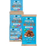 Box of 12 Vitawerx Protein Milk Chocolate Coconut Rough 100g bars with a single bar and chocolate pieces shown.