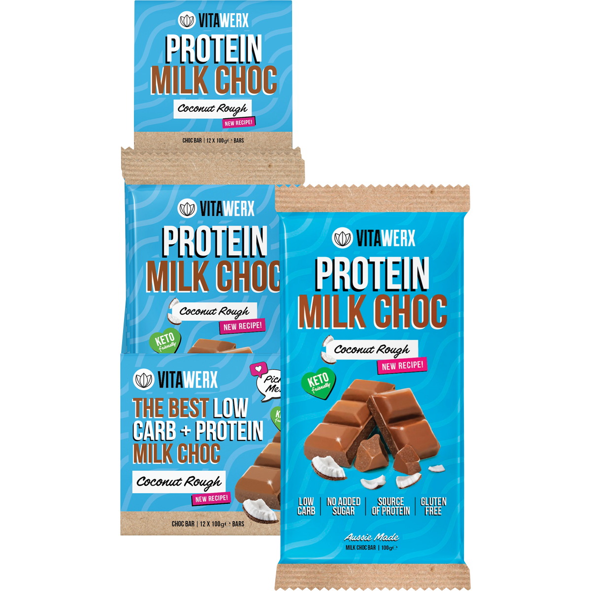 Box of 12 Vitawerx Protein Milk Chocolate Coconut Rough 100g bars with a single bar and chocolate pieces shown.