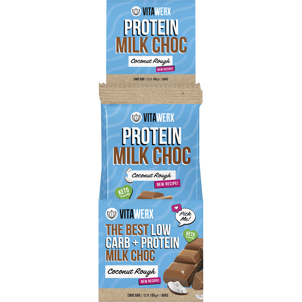 Vitawerx Protein Milk Chocolate Coconut Rough retail display box holding twelve 100g bars on a white background.