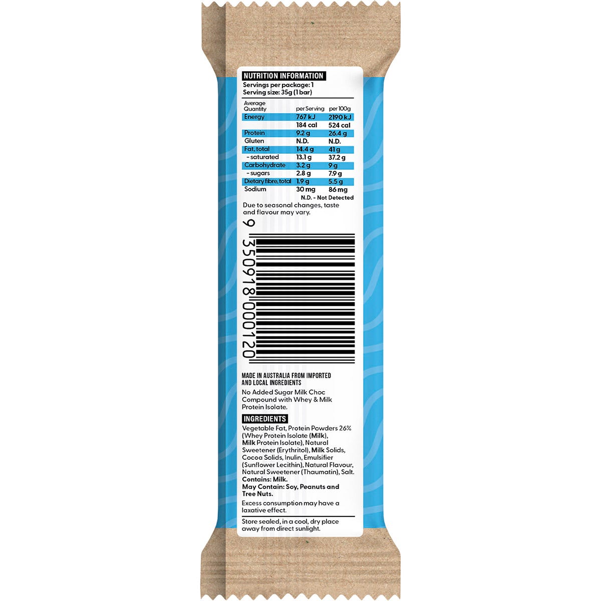 Back of Vitawerx Protein Milk Choc Bar 35g wrapper with nutrition facts, ingredients, and keto-friendly benefits.