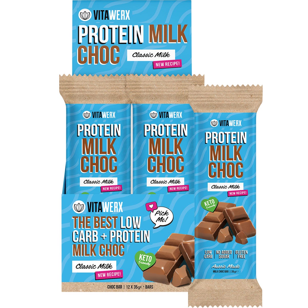 Vitawerx Protein Milk Choc Bar 35g box of 12 and a single bar featuring keto-friendly and low sugar labels.