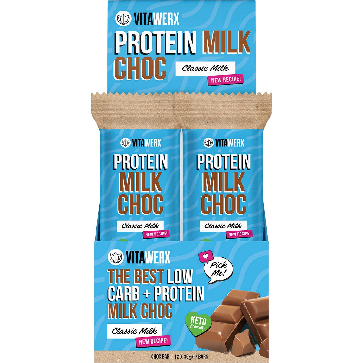 Retail display box for Vitawerx Protein Milk Choc Bars containing 12 individual 35g snack bars.