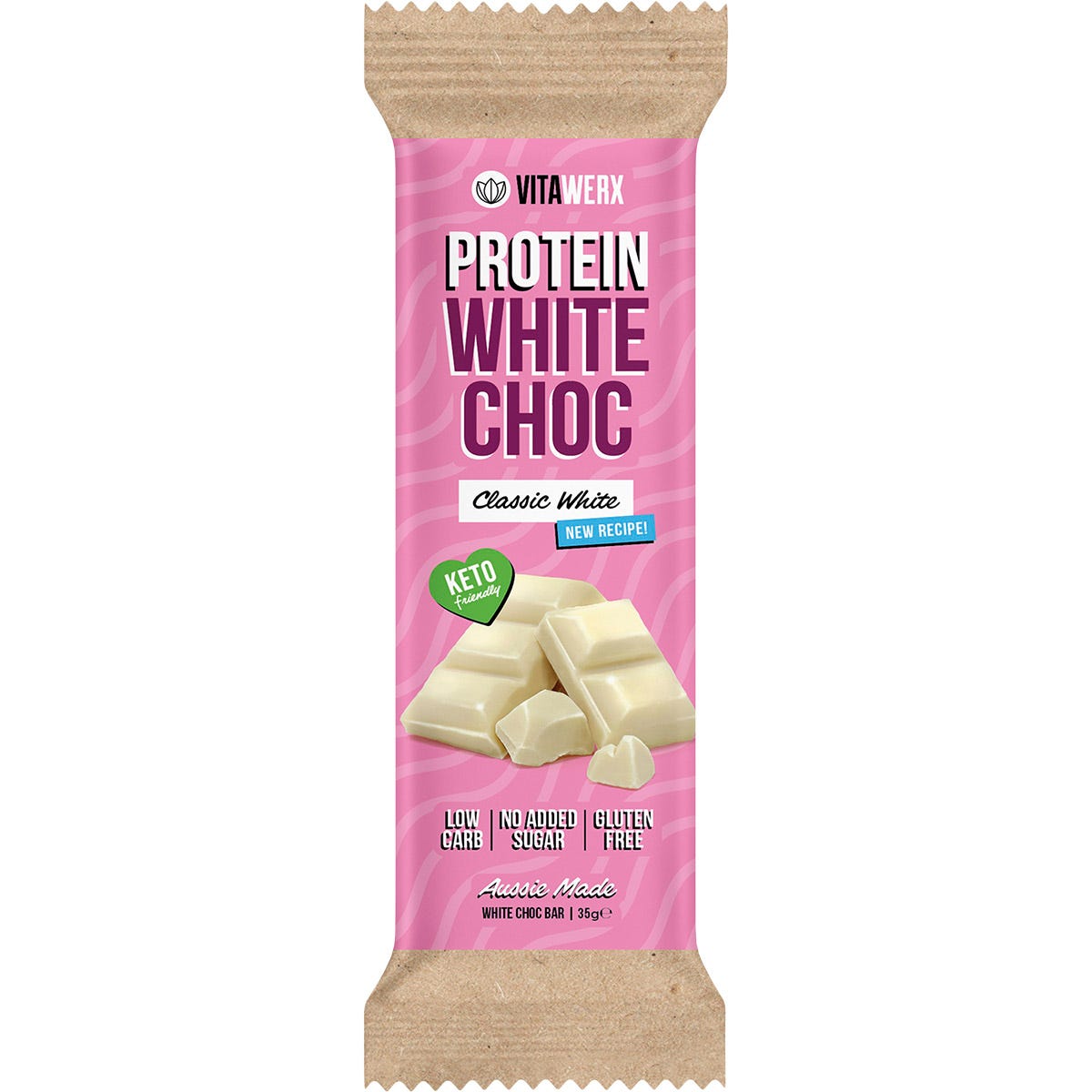 Single 35g Vitawerx Protein White Chocolate Bar in its blue and white wrapper.