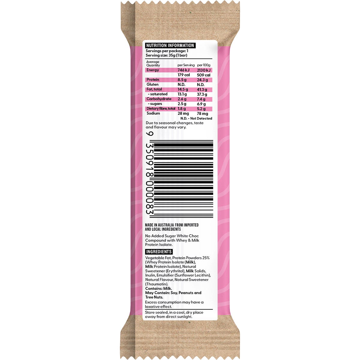 Back of a 35g Vitawerx Protein White Chocolate Bar wrapper with nutrition facts, ingredients, and keto-friendly benefits.