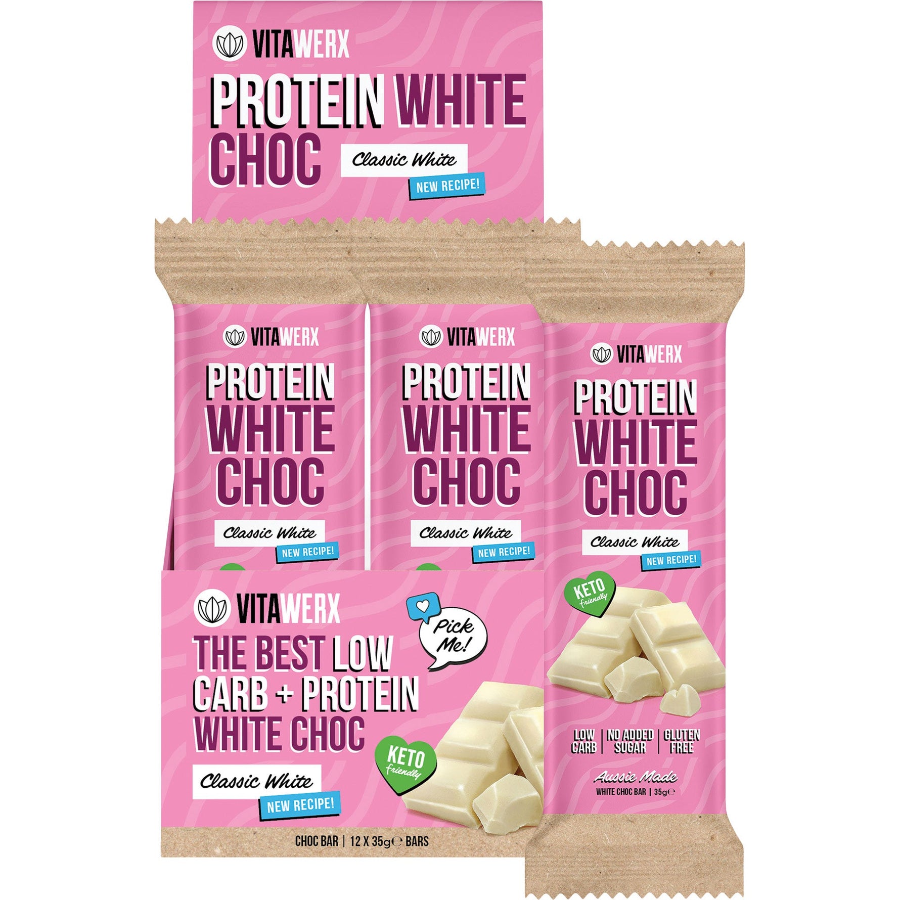 Vitawerx Protein White Chocolate Bar 35g box of 12 and a single unwrapped bar showing white chocolate squares.