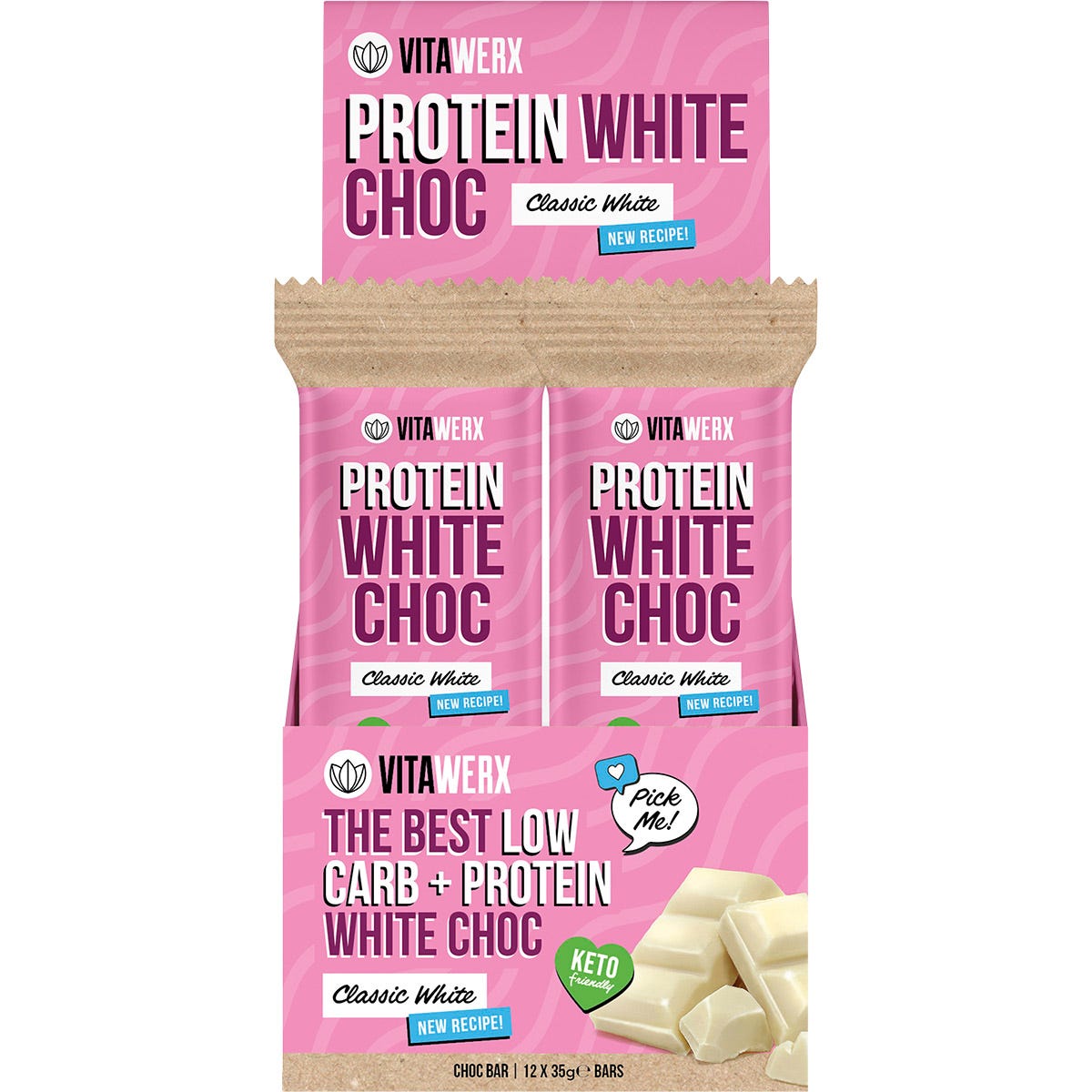Vitawerx Protein White Chocolate Bar 35g 12-pack retail display box with blue and white branding.