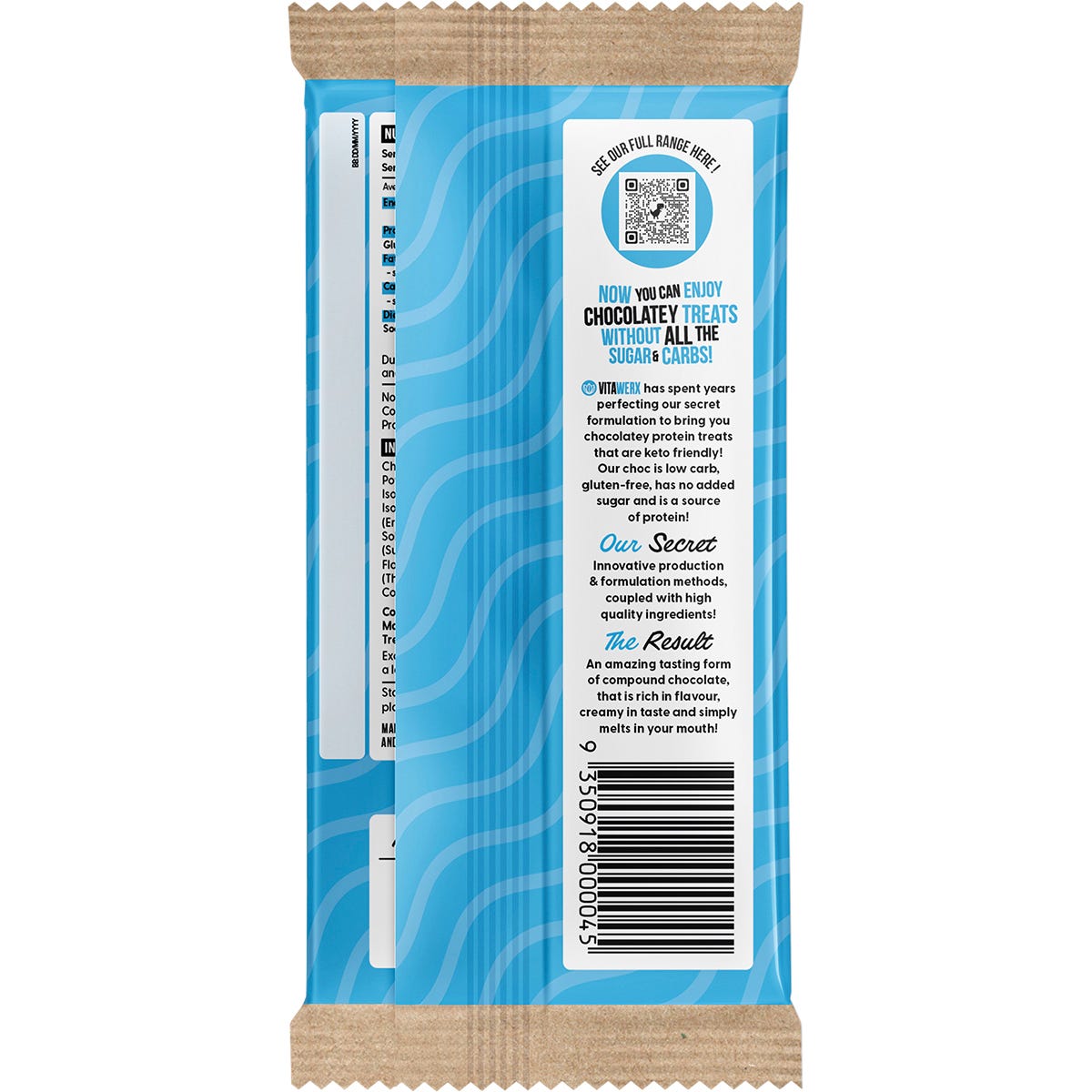 Back of Vitawerx Protein Milk Choc 100g bar wrapper with nutrition facts, ingredients list, and keto-friendly highlights.