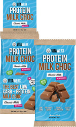 Box of 12 Vitawerx Protein Milk Chocolate 100g bars with a single bar and chocolate pieces on a white background.
