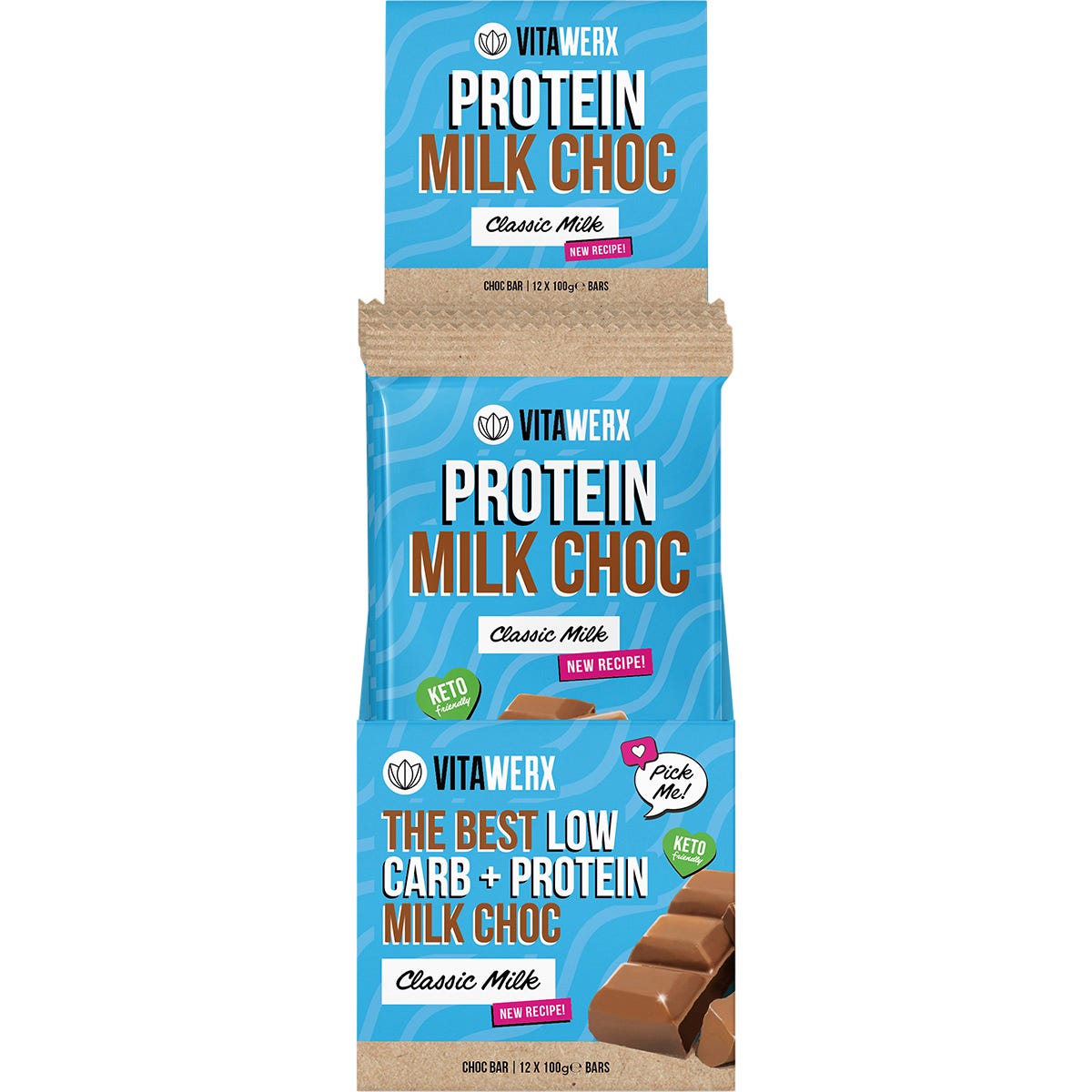 Open retail display box of 12 Vitawerx Protein Milk Chocolate 100g bars on a white background.