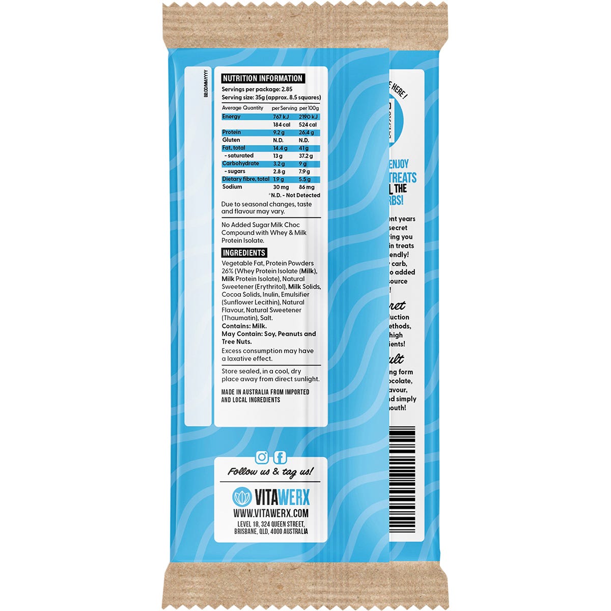 Nutrition information panel and ingredients list for Vitawerx Protein Milk Chocolate 100g bar.
