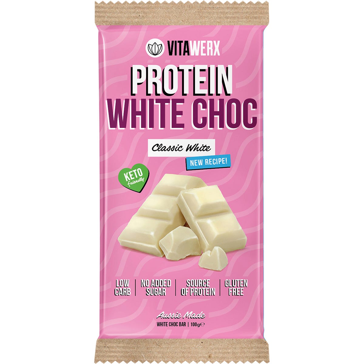 100g Vitawerx Protein White Choc Bar featuring a blue and white label on a clean white background.