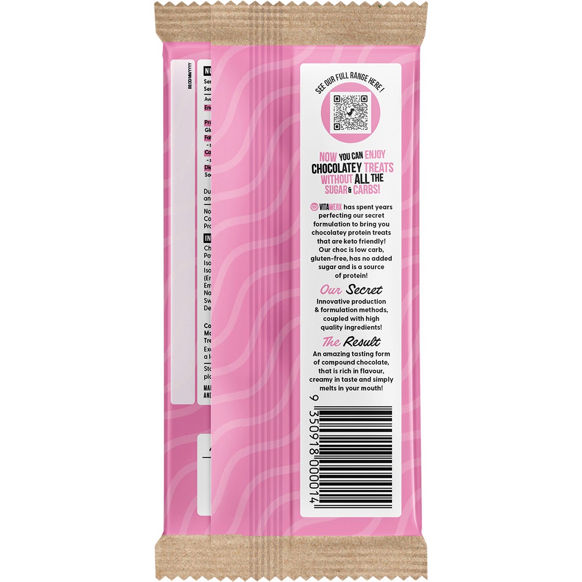 Back of Vitawerx Protein White Choc Bar 100g with nutrition facts, ingredients, and storage instructions.