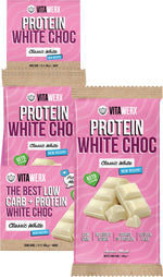 Vitawerx Protein White Choc Bar 100g and a display box of 12 bars on a white background.