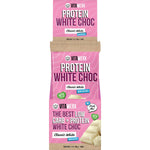 Blue and white display box containing twelve 100g Vitawerx Protein White Chocolate bars on a white background.