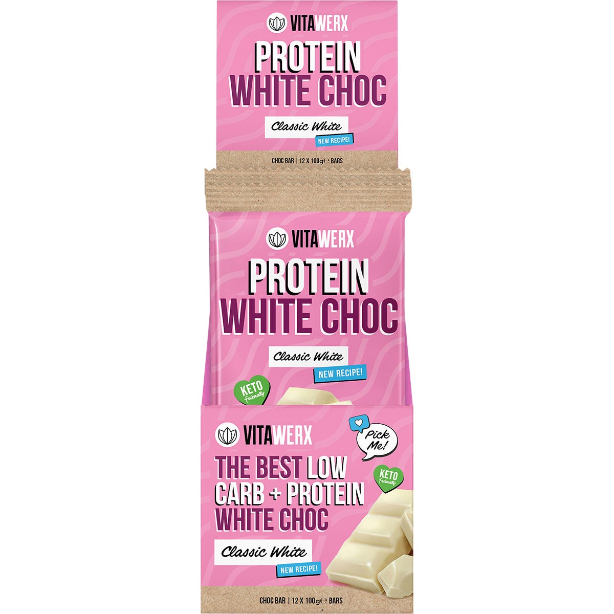 Blue and white display box containing twelve 100g Vitawerx Protein White Chocolate bars on a white background.