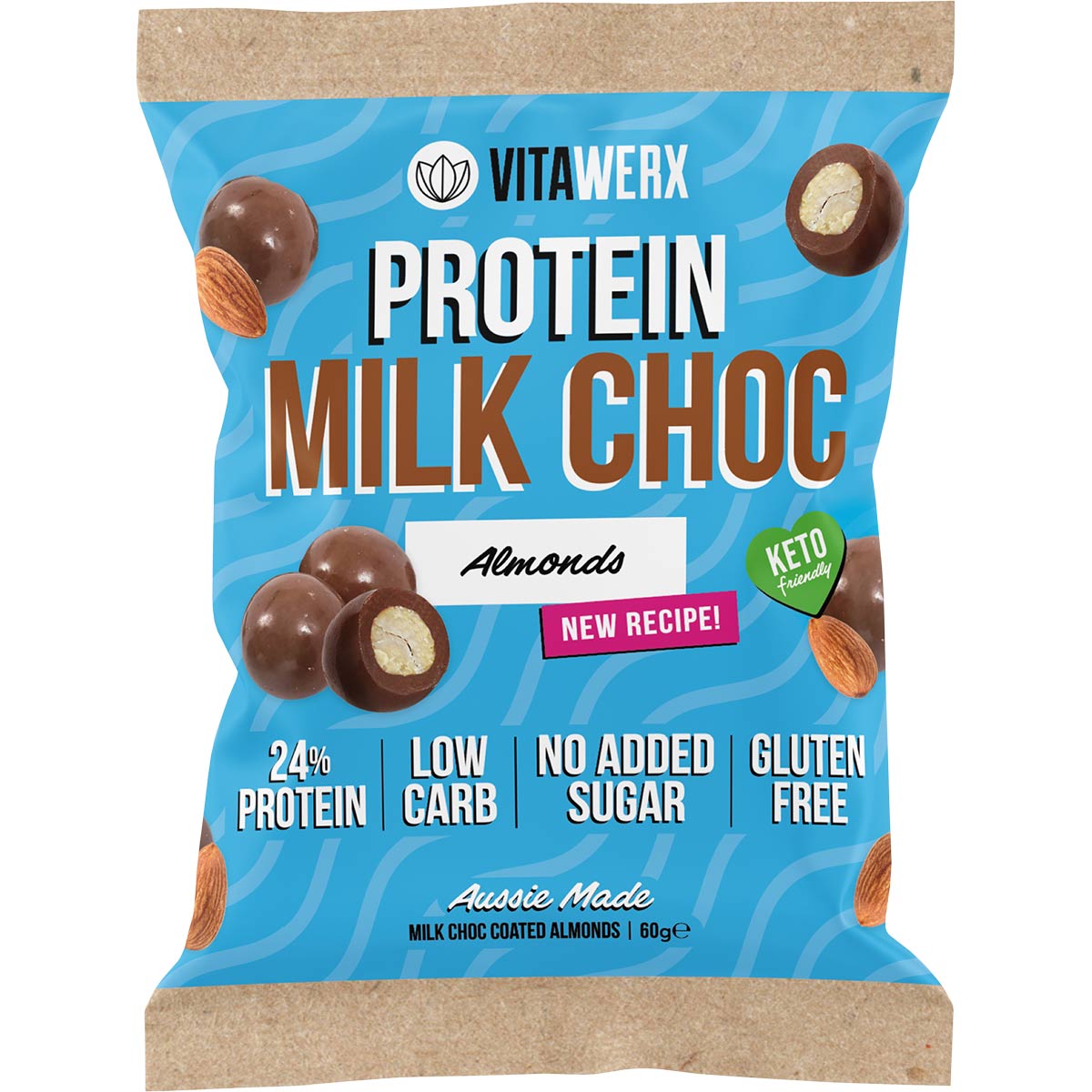 Single 60g pack of Vitawerx Milk Choc Coated Almonds featuring a blue and white label with almond illustrations.