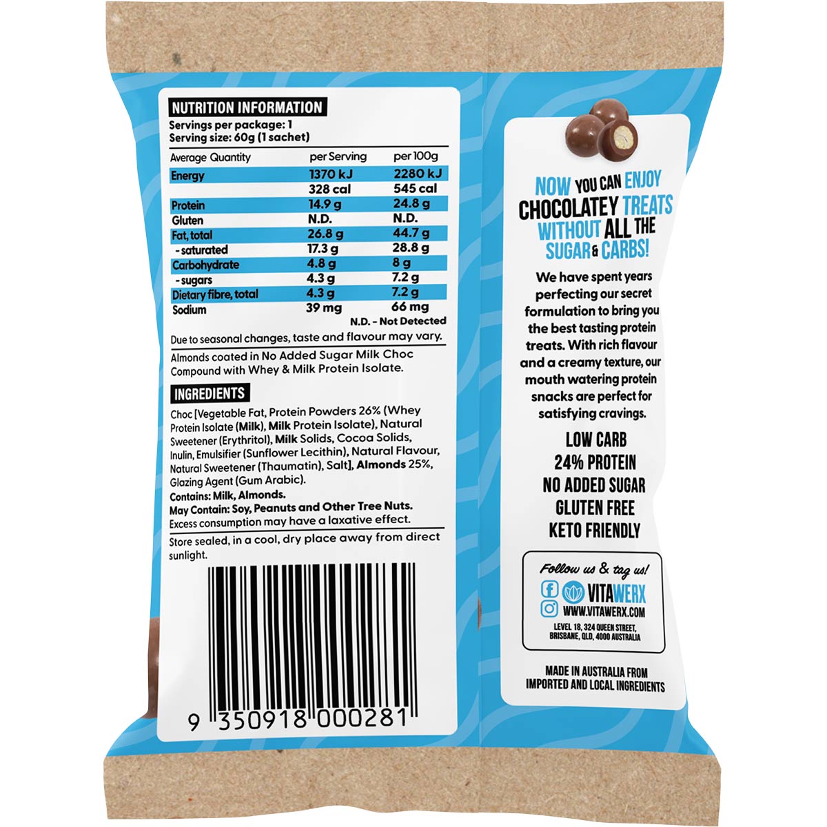 Back of Vitawerx Milk Choc Coated Almonds 60g pack showing nutrition facts, ingredients, and keto-friendly benefits.