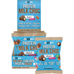Vitawerx Milk Choc Coated Almonds 60g pack and box of 10 featuring a blue and white label with almond illustrations.