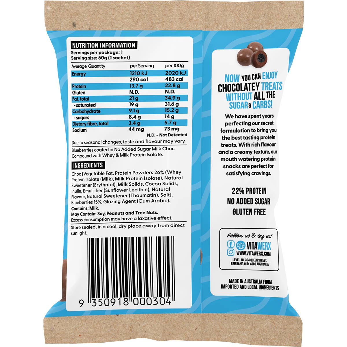 Back of Vitawerx Milk Choc Coated Blueberries 60g bag with nutrition facts, ingredients, and protein information.
