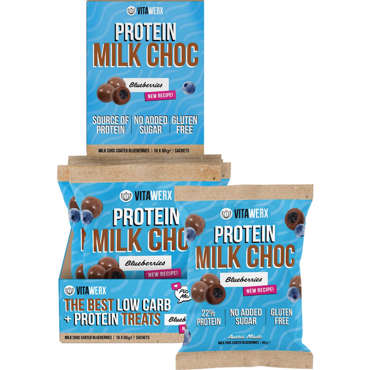 Vitawerx Milk Choc Coated Blueberries 10-pack box and single 60g bag with chocolate-covered blueberries.