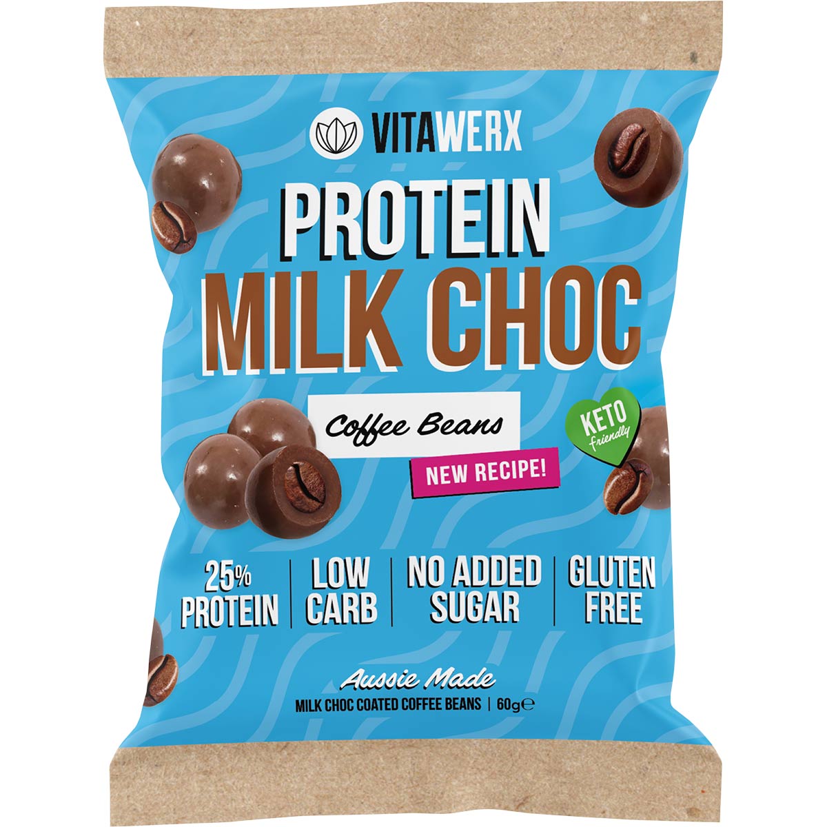 60g bag of Vitawerx Milk Chocolate Coated Coffee Beans on a white background.