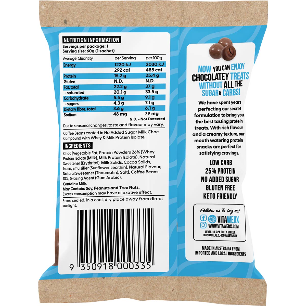 Back of Vitawerx Milk Choc Coated Coffee Beans bag with nutrition facts, ingredients, and keto-friendly benefits.