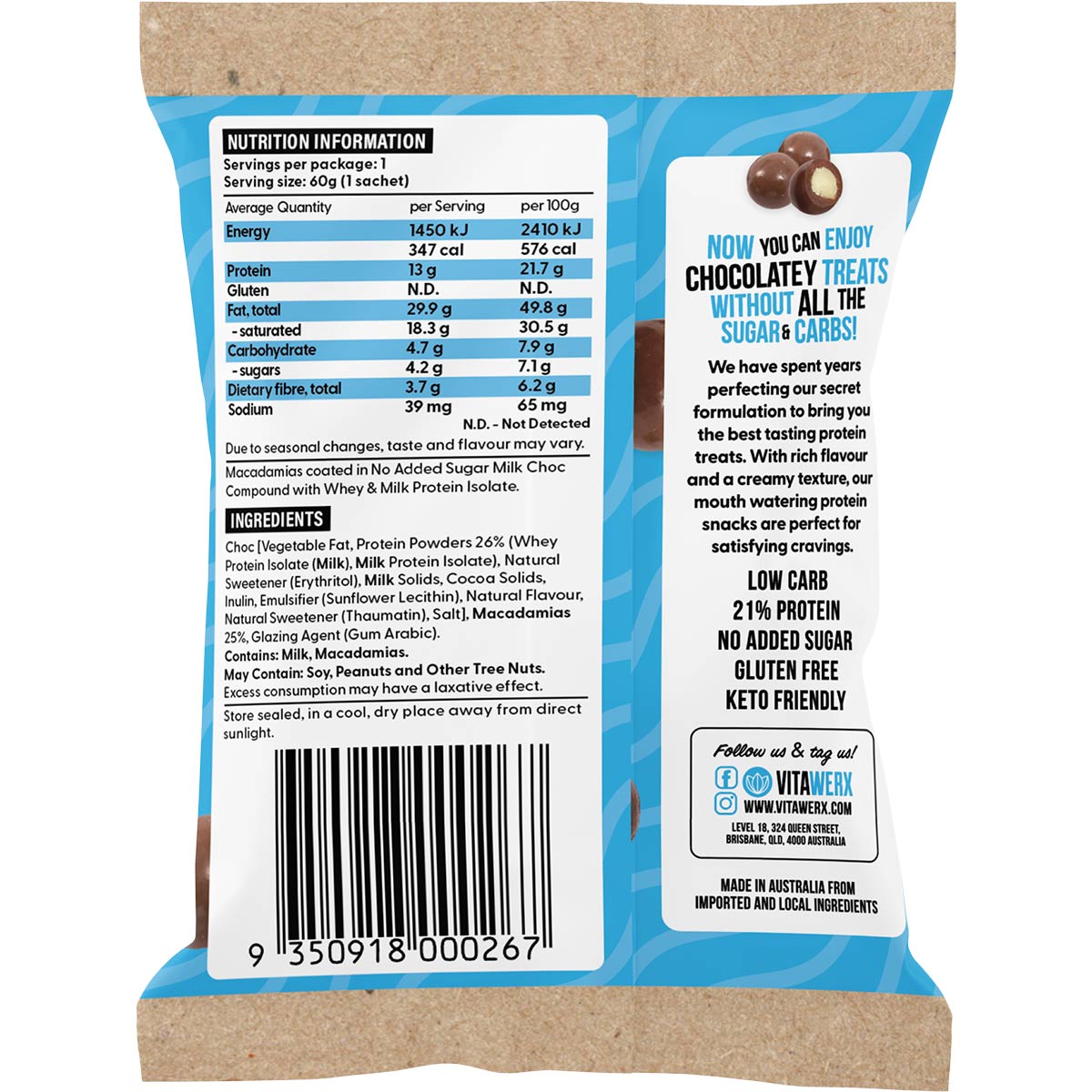Back of Vitawerx Milk Choc Macadamias 60g bag showing nutrition facts, ingredients, and keto-friendly benefits.