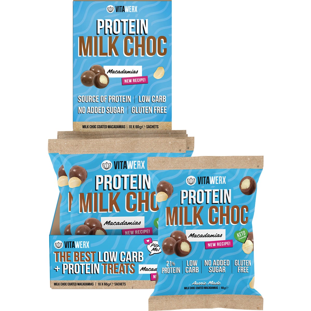 Box of 10 Vitawerx Milk Chocolate Coated Macadamias 60g bags with a protein-packed, low-carb, and keto-friendly recipe.