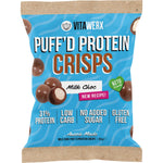 60g bag of Vitawerx Milk Choc Puff'd Protein Crisps featuring crunchy chocolate-coated treats.