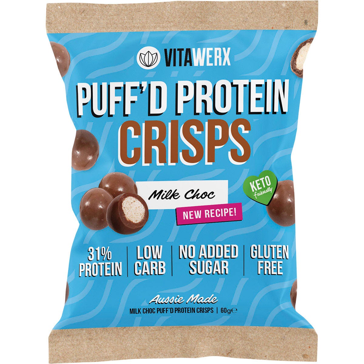 60g bag of Vitawerx Milk Choc Puff'd Protein Crisps featuring crunchy chocolate-coated treats.